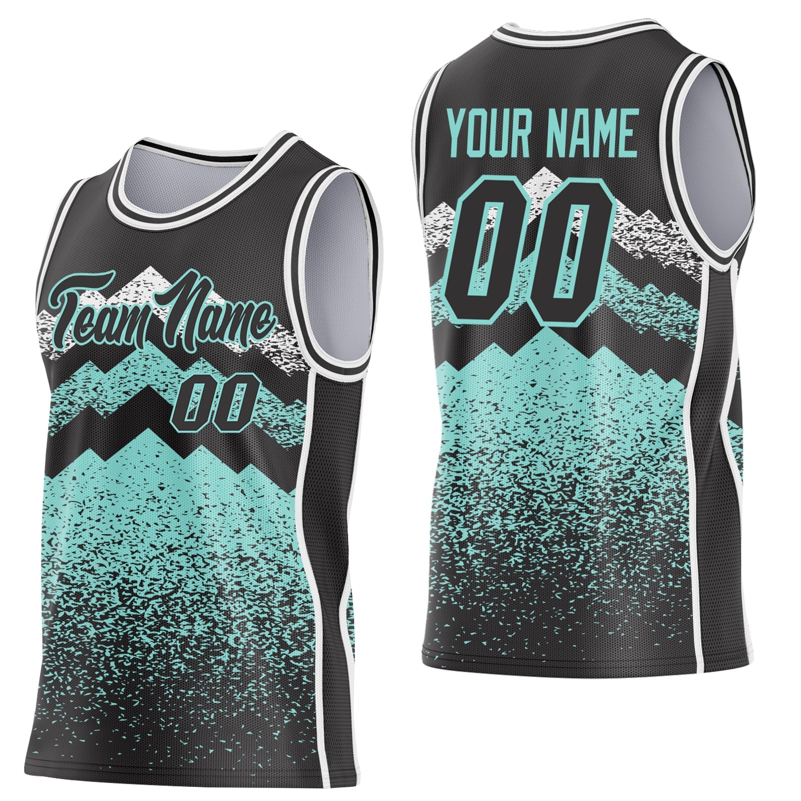 Custom Black Ice Blue-White Mountain Peak Shards Side Panel Stripe Round Neck Sublimation Basketball Set Jersey - Main View