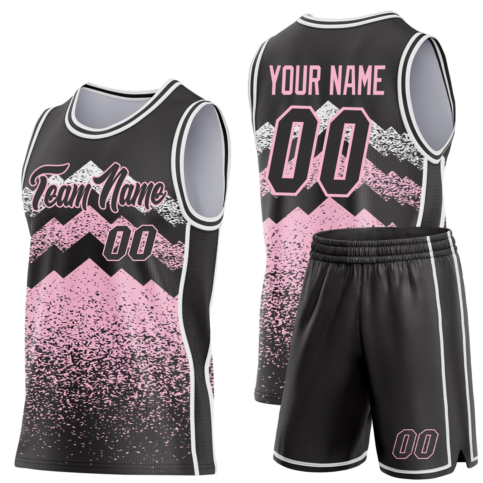 Custom Black Light Pink-White Mountain Peak Shards Side Panel Stripe Round Neck Sublimation Basketball Set Jersey view 2