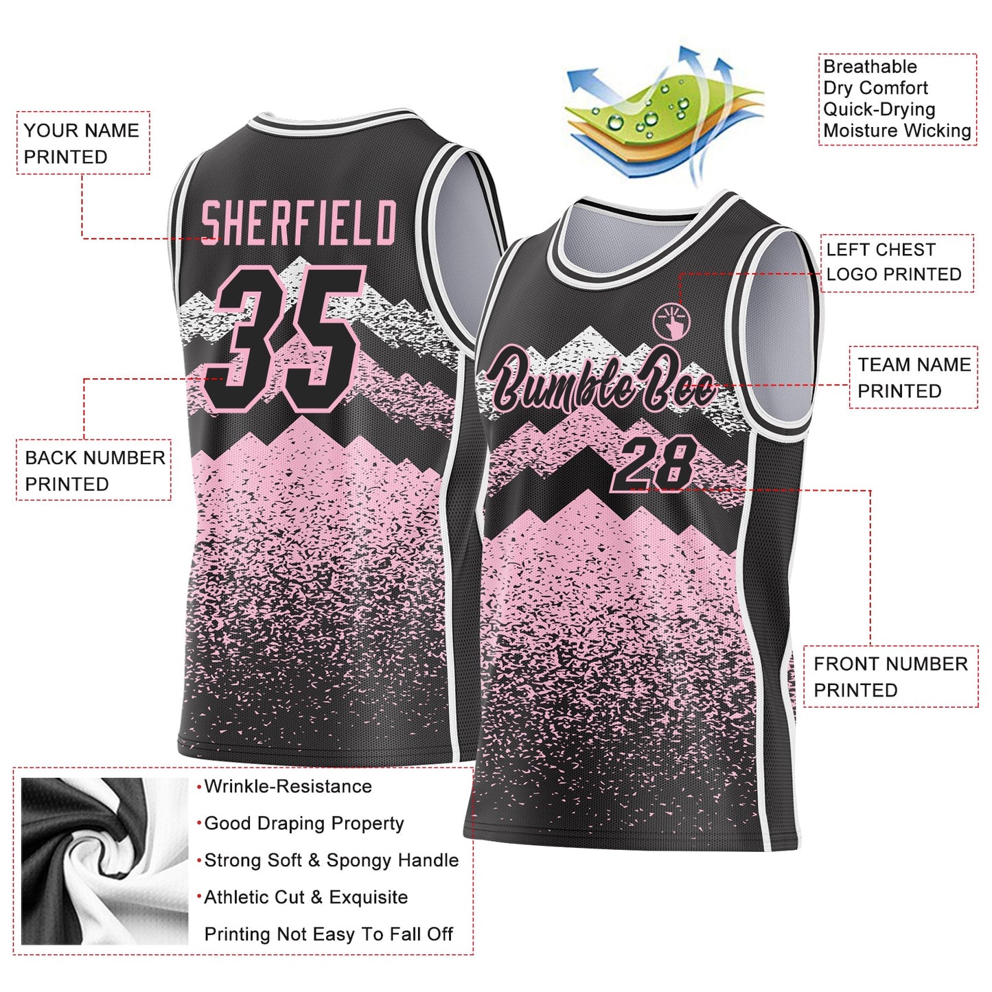 Custom Black Light Pink-White Mountain Peak Shards Side Panel Stripe Round Neck Sublimation Basketball Set Jersey view 3