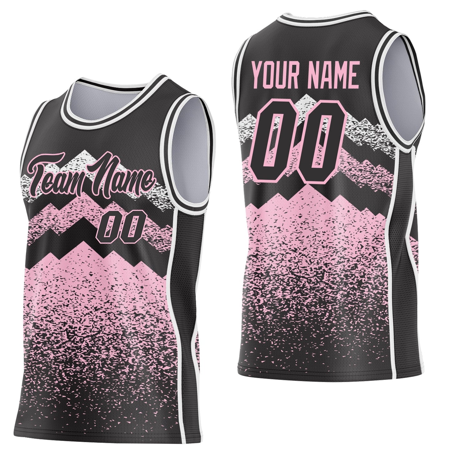 Custom Black Light Pink-White Mountain Peak Shards Side Panel Stripe Round Neck Sublimation Basketball Set Jersey - Main View