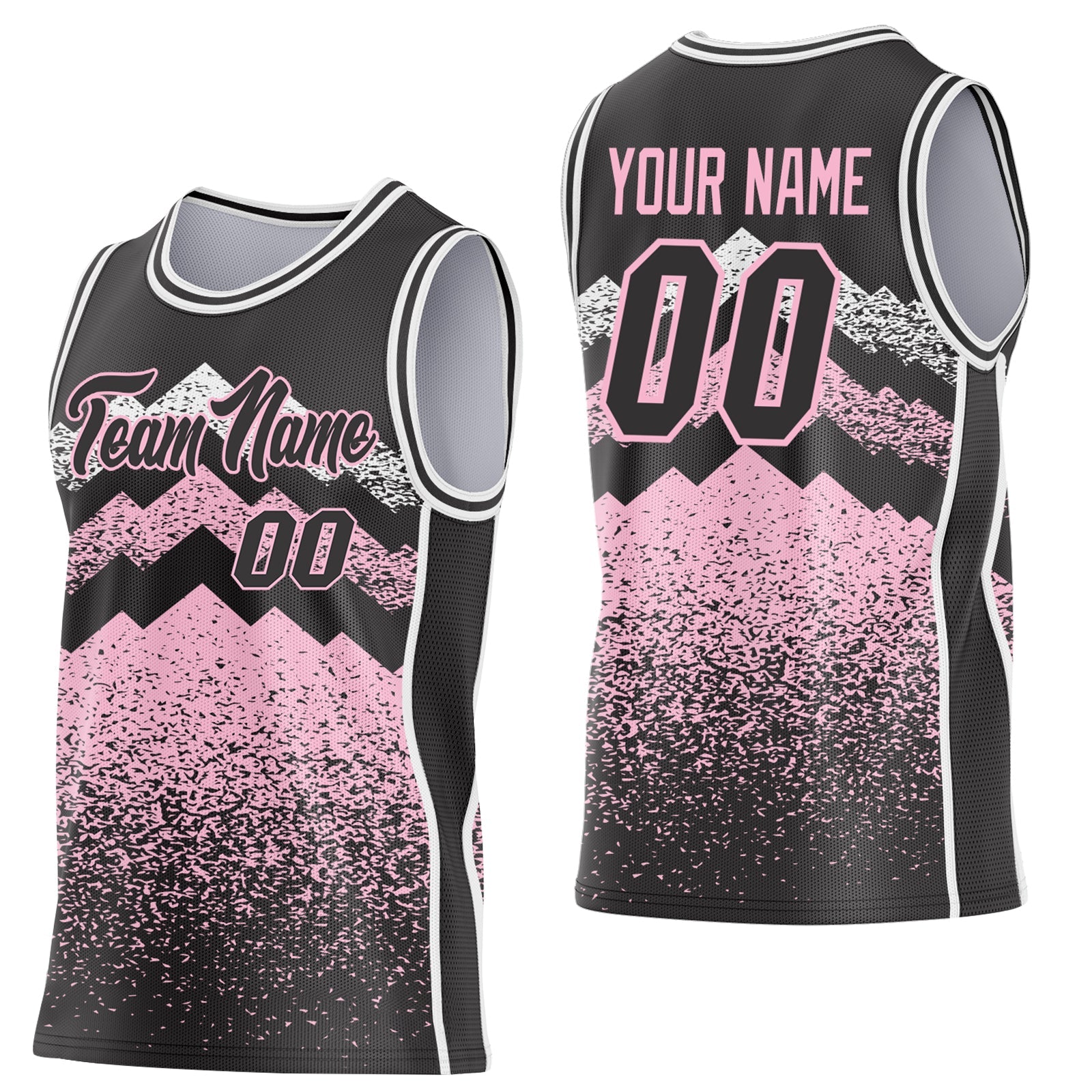 Custom Black Light Pink-White Mountain Peak Shards Side Panel Stripe Round Neck Sublimation Basketball Set Jersey - Main View