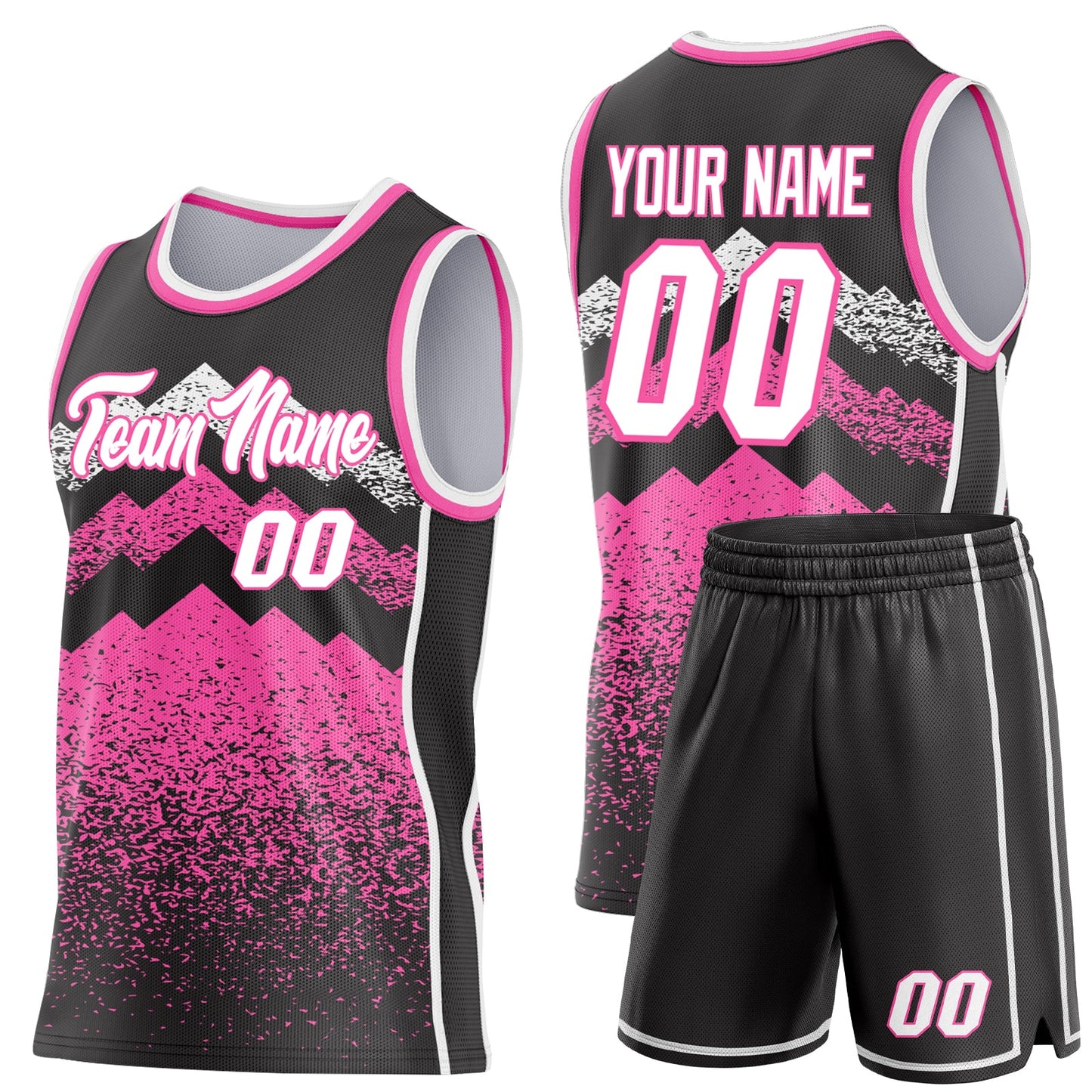 Custom Black White-Pink Mountain Peak Shards Side Panel Stripe Round Neck Sublimation Basketball Set Jersey view 2