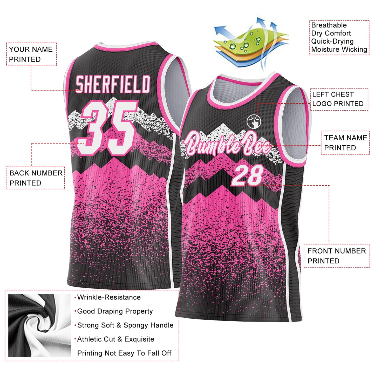 Custom Black White-Pink Mountain Peak Shards Side Panel Stripe Round Neck Sublimation Basketball Set Jersey view 3