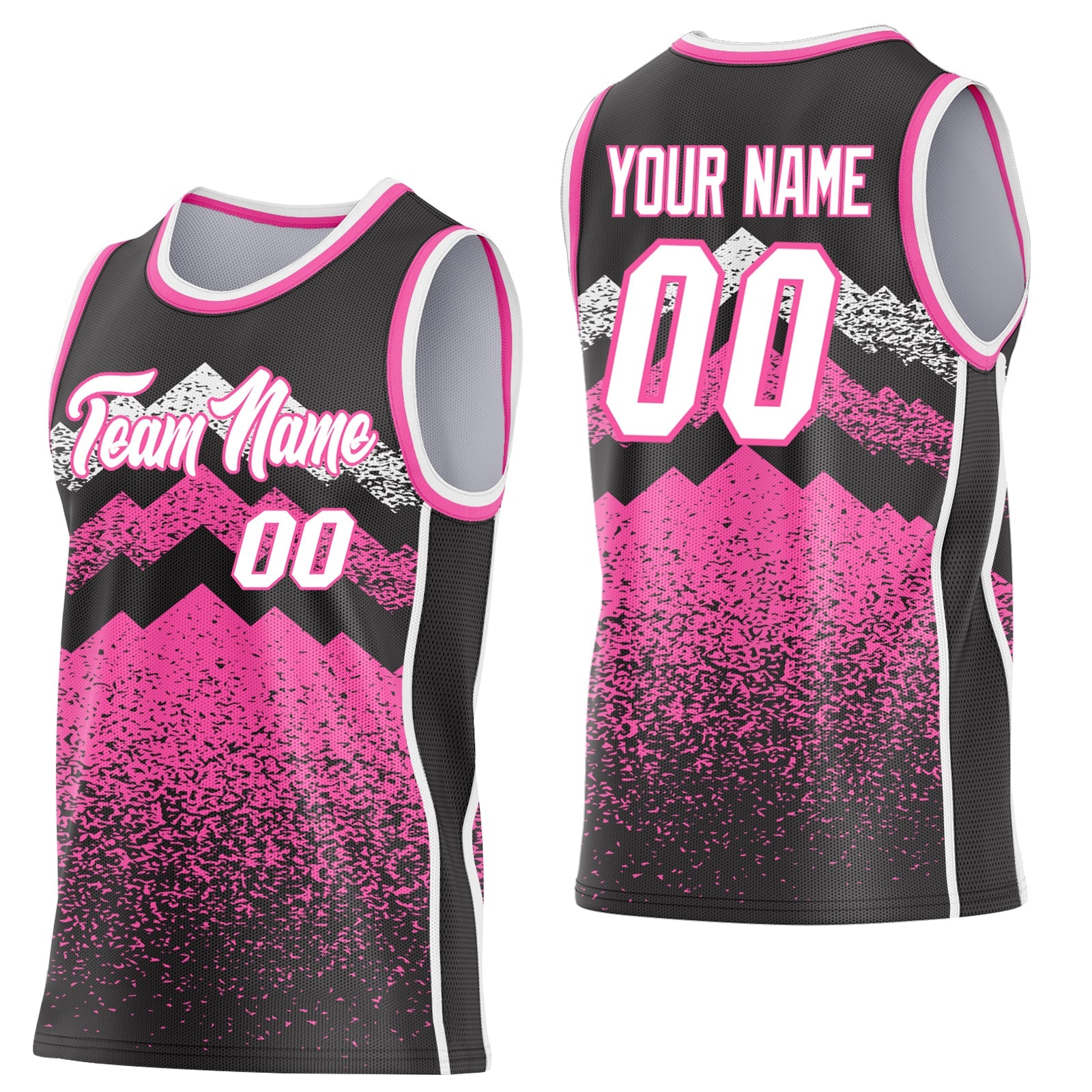 Custom Black White-Pink Mountain Peak Shards Side Panel Stripe Round Neck Sublimation Basketball Set Jersey - Main View