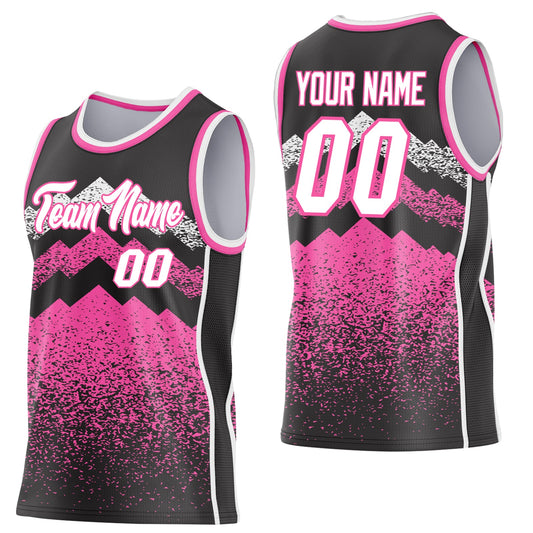 Custom Black White-Pink Mountain Peak Shards Side Panel Stripe Round Neck Sublimation Basketball Set Jersey - Main View