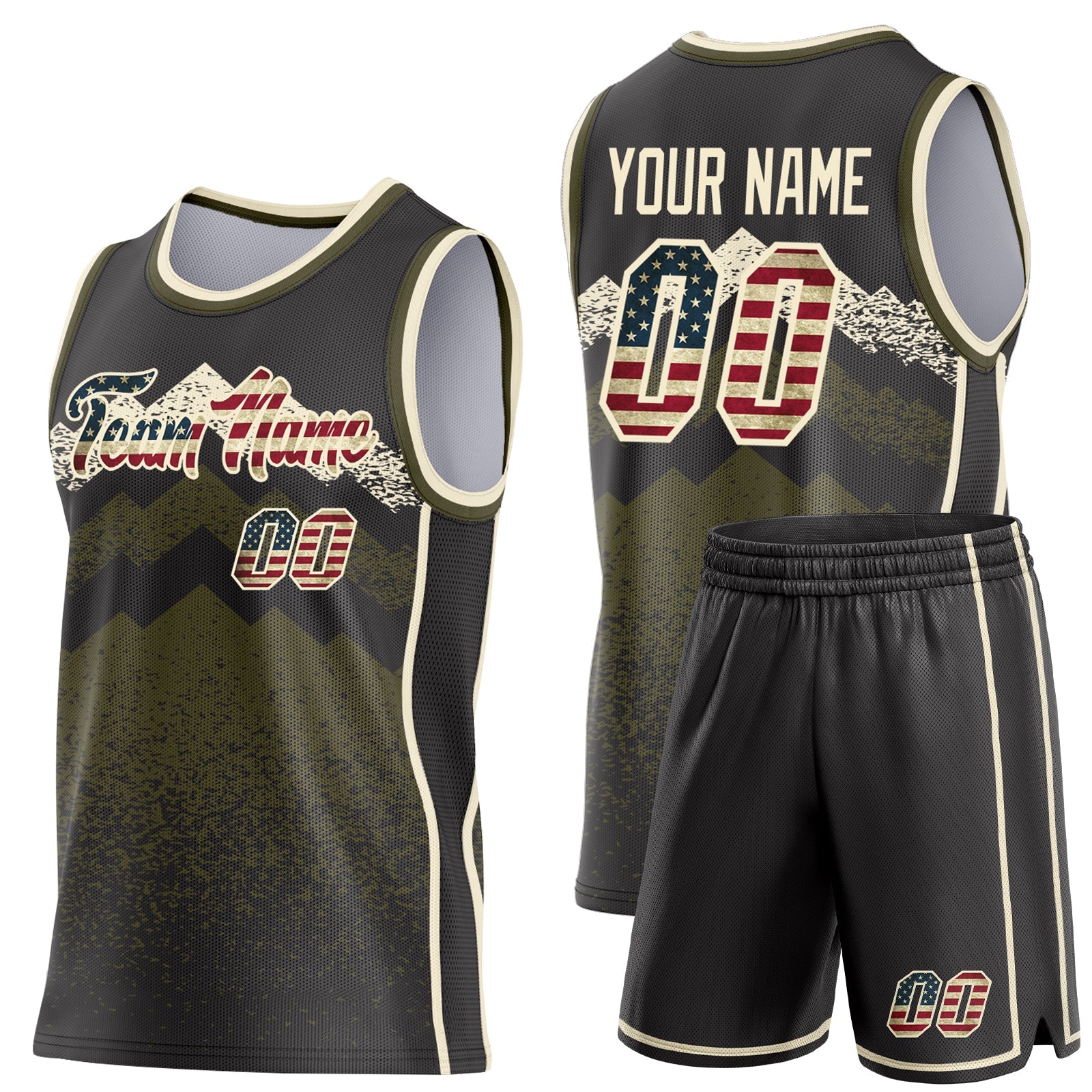 Custom Black Vintage USA Flag Olive-Cream Mountain Peak Shards Side Panel Stripe Round Neck Sublimation Basketball Set Jersey view 2