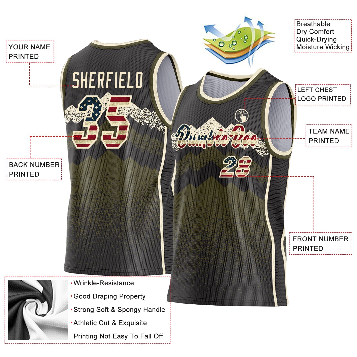 Custom Black Vintage USA Flag Olive-Cream Mountain Peak Shards Side Panel Stripe Round Neck Sublimation Basketball Set Jersey view 3
