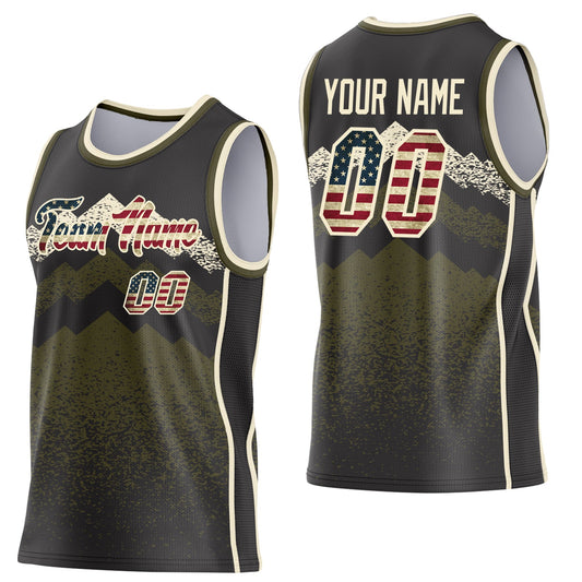 Custom Black Vintage USA Flag Olive-Cream Mountain Peak Shards Side Panel Stripe Round Neck Sublimation Basketball Set Jersey - Main View