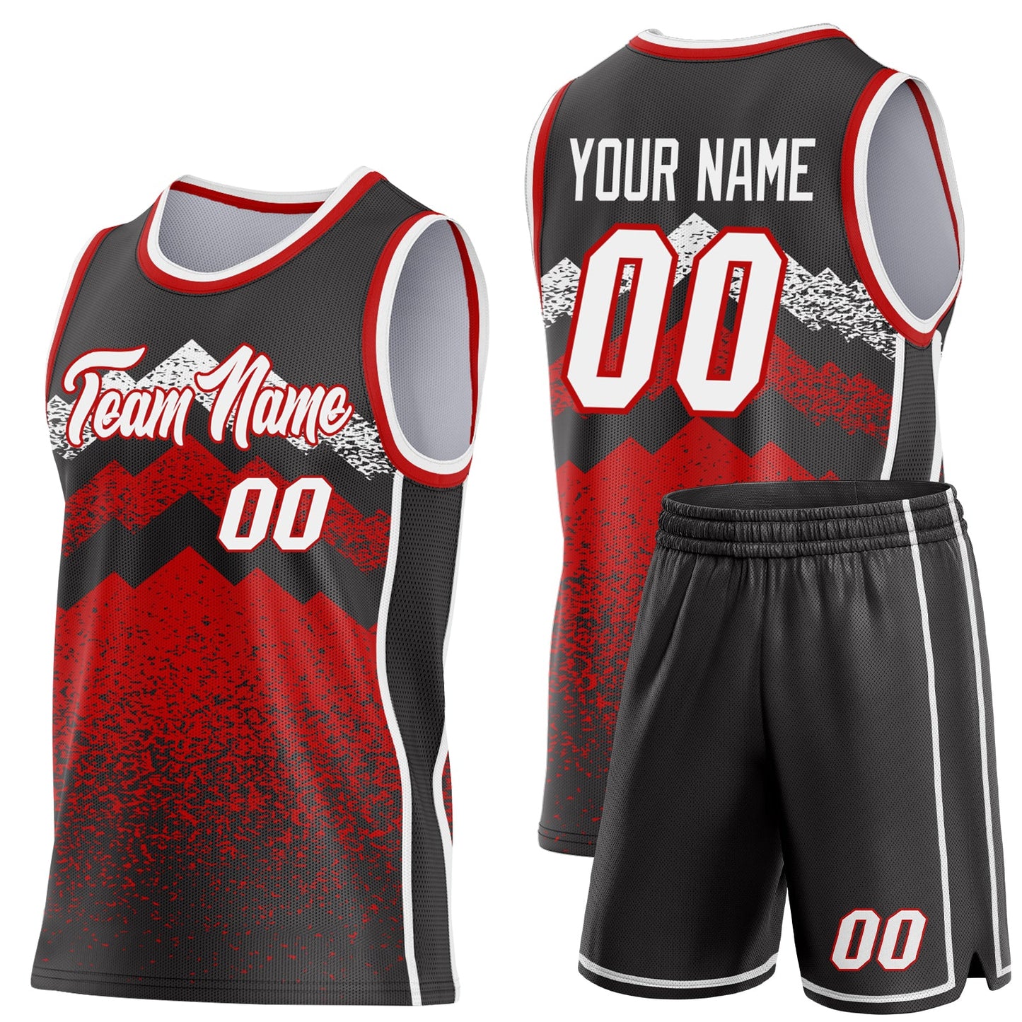 Custom Black White-Red Mountain Peak Shards Side Panel Stripe Round Neck Sublimation Basketball Set Jersey view 2