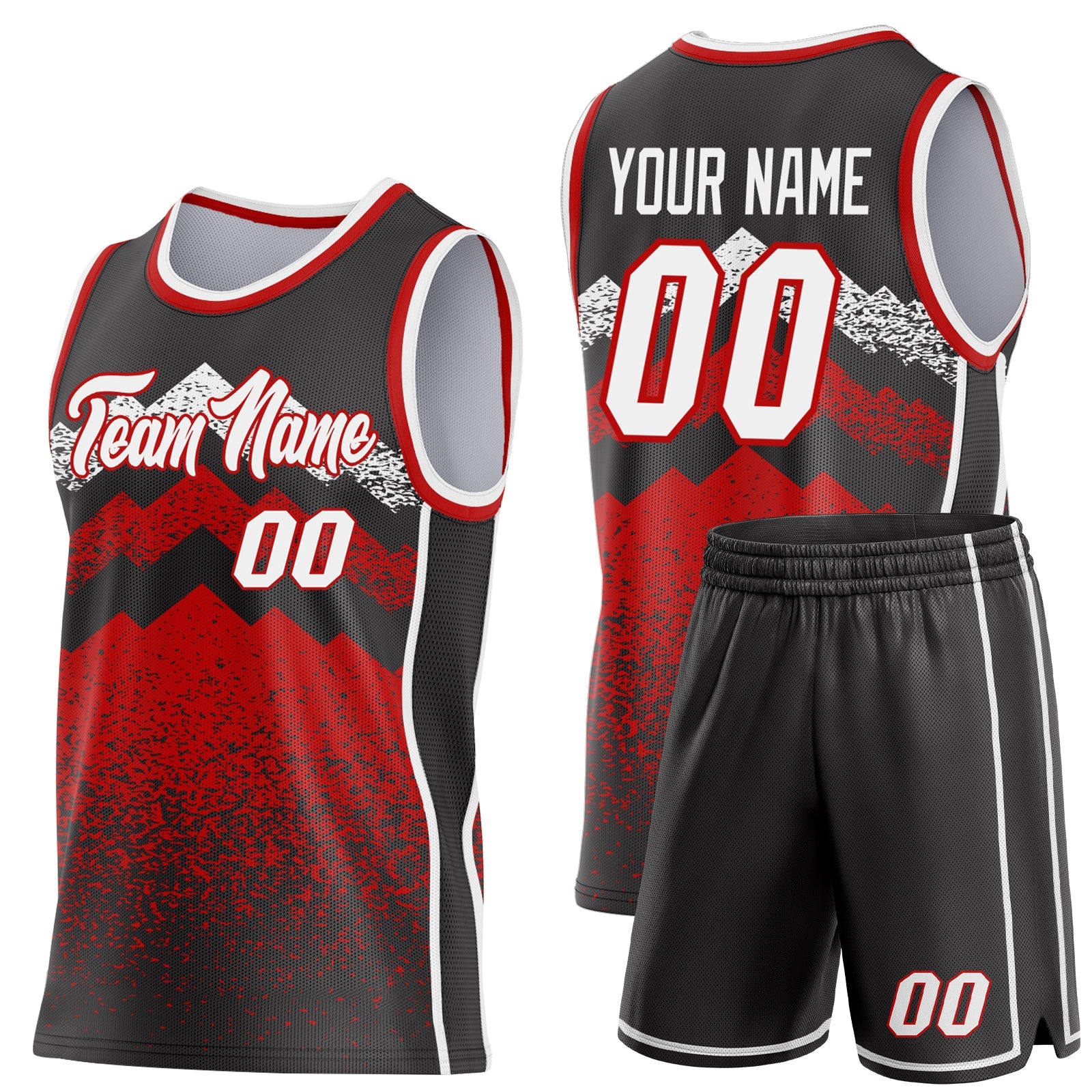 Custom Black White-Red Mountain Peak Shards Side Panel Stripe Round Neck Sublimation Basketball Set Jersey view 2