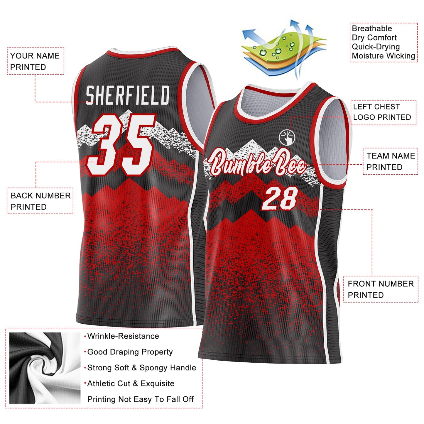 Custom Black White-Red Mountain Peak Shards Side Panel Stripe Round Neck Sublimation Basketball Set Jersey view 3