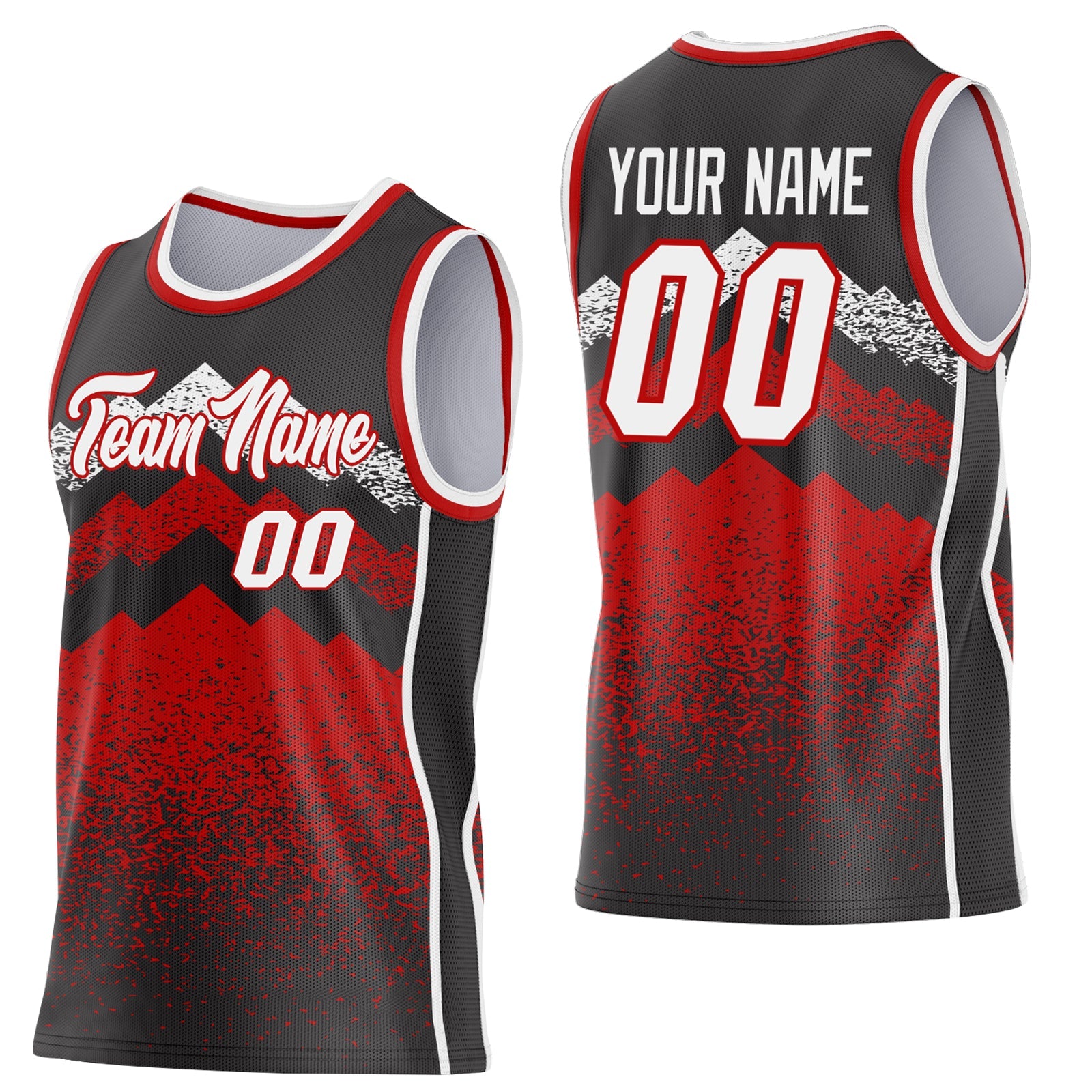 Custom Black White-Red Mountain Peak Shards Side Panel Stripe Round Neck Sublimation Basketball Set Jersey - Main View