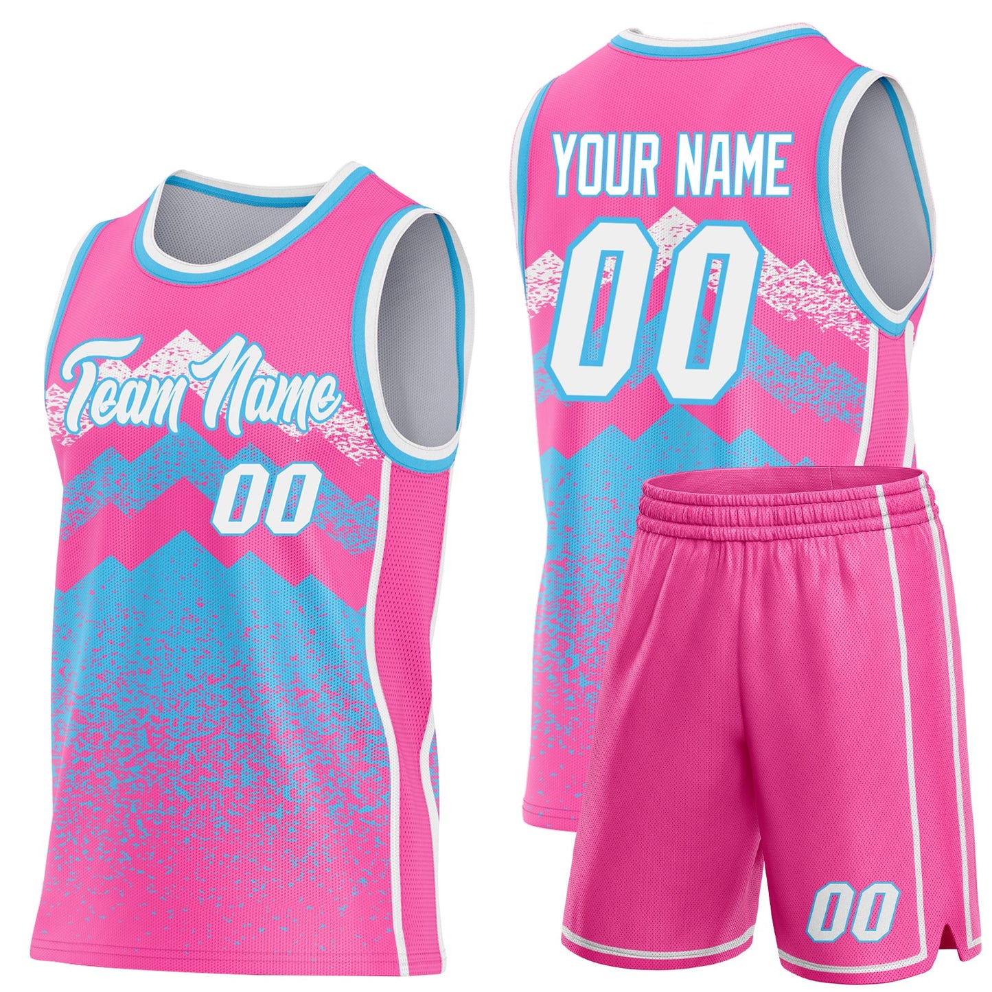 Custom Pink White-Sky Blue Mountain Peak Shards Side Panel Stripe Round Neck Sublimation Basketball Set Jersey view 2