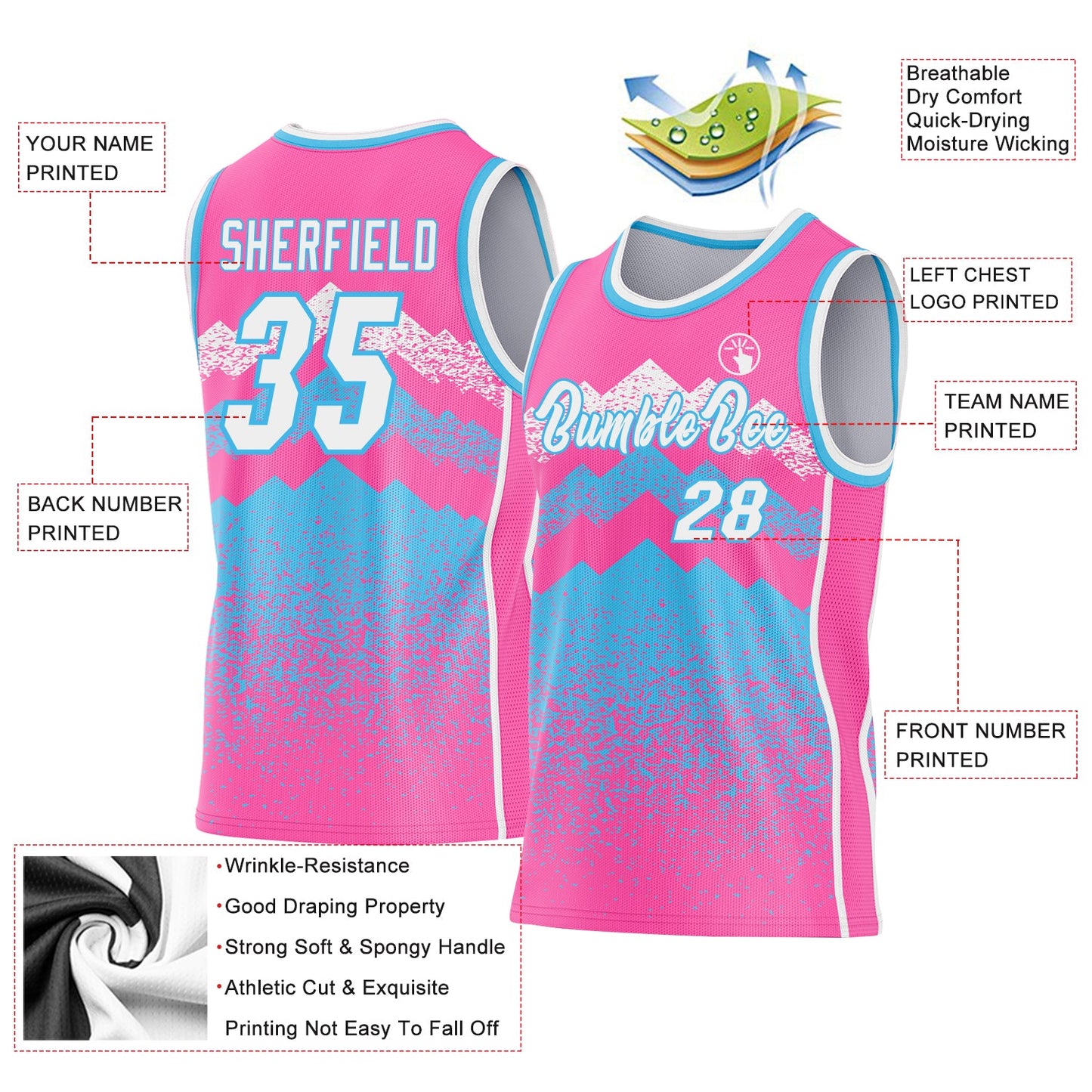 Custom Pink White-Sky Blue Mountain Peak Shards Side Panel Stripe Round Neck Sublimation Basketball Set Jersey view 3