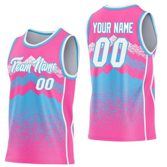 Custom Pink White-Sky Blue Mountain Peak Shards Side Panel Stripe Round Neck Sublimation Basketball Set Jersey - Main View