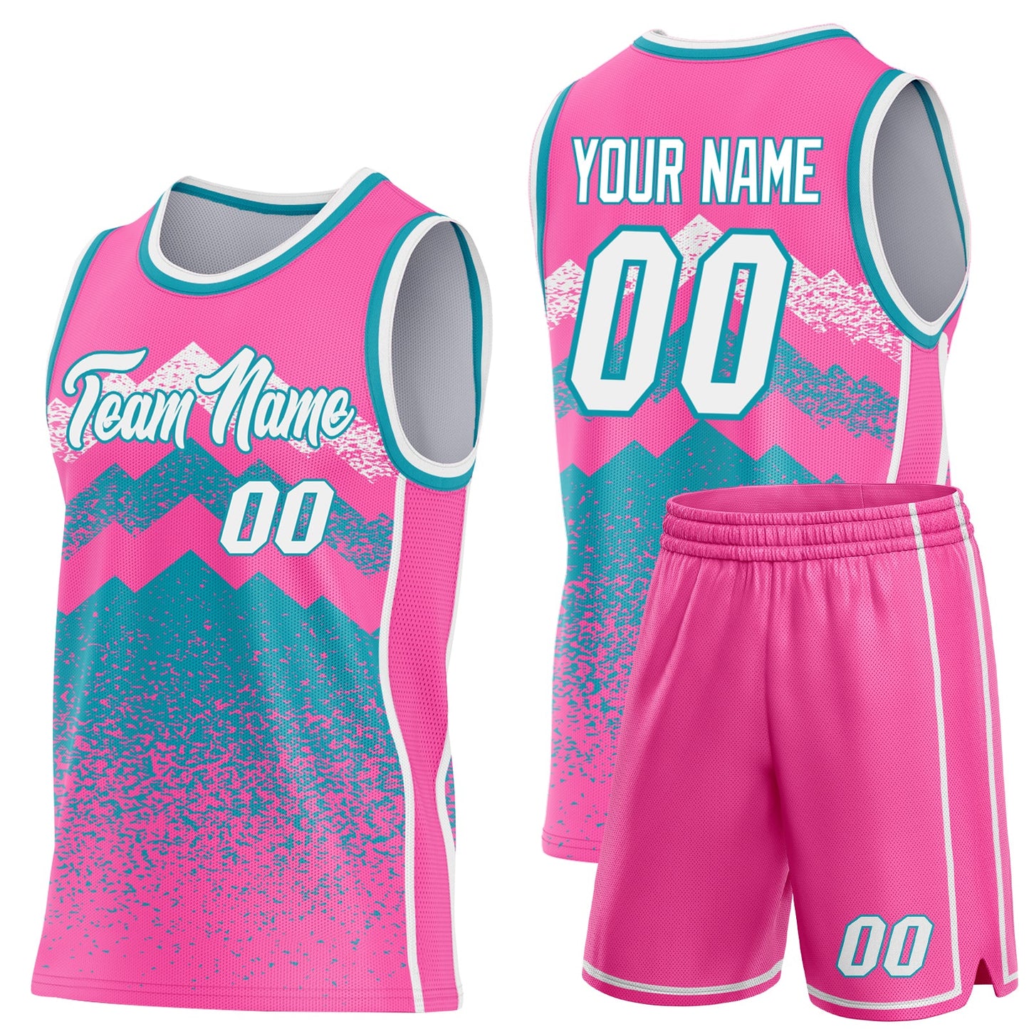 Custom Pink White-Teal Mountain Peak Shards Side Panel Stripe Round Neck Sublimation Basketball Set Jersey view 2
