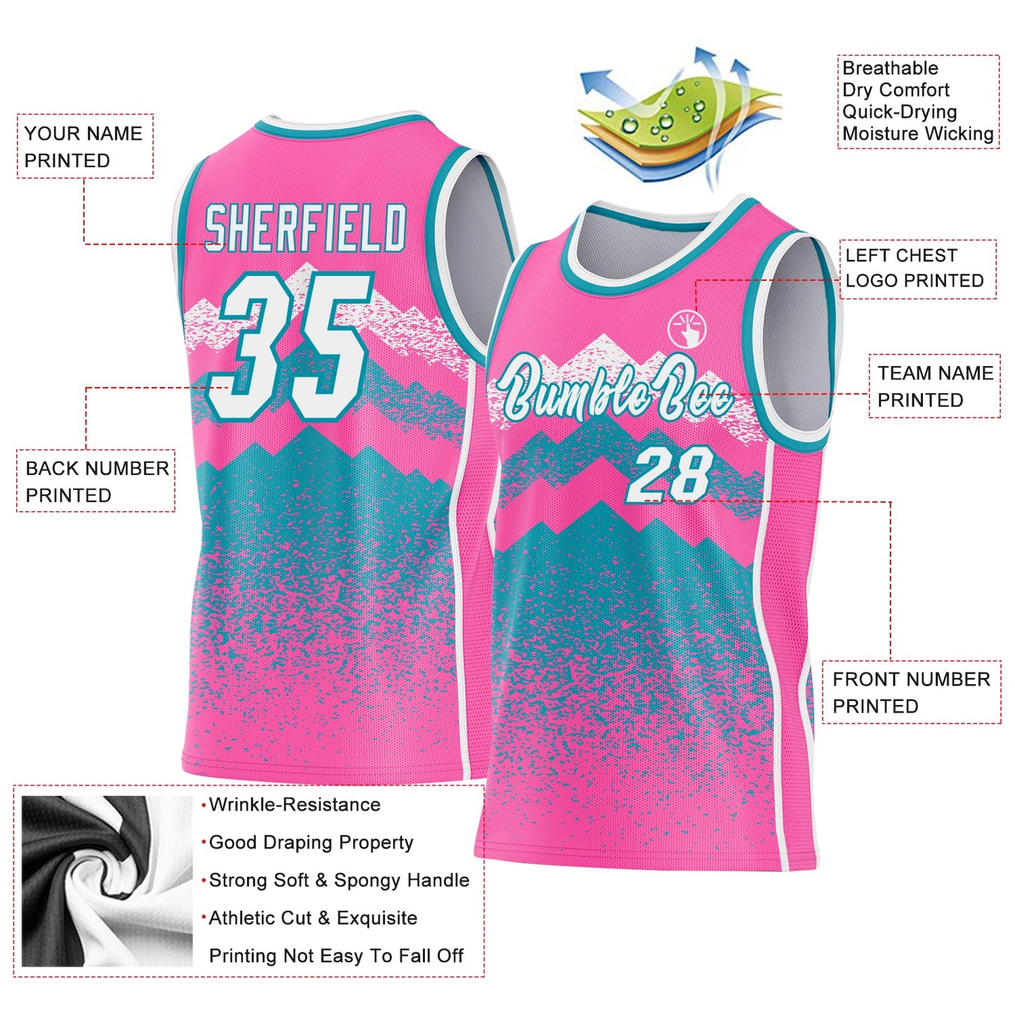 Custom Pink White-Teal Mountain Peak Shards Side Panel Stripe Round Neck Sublimation Basketball Set Jersey view 3