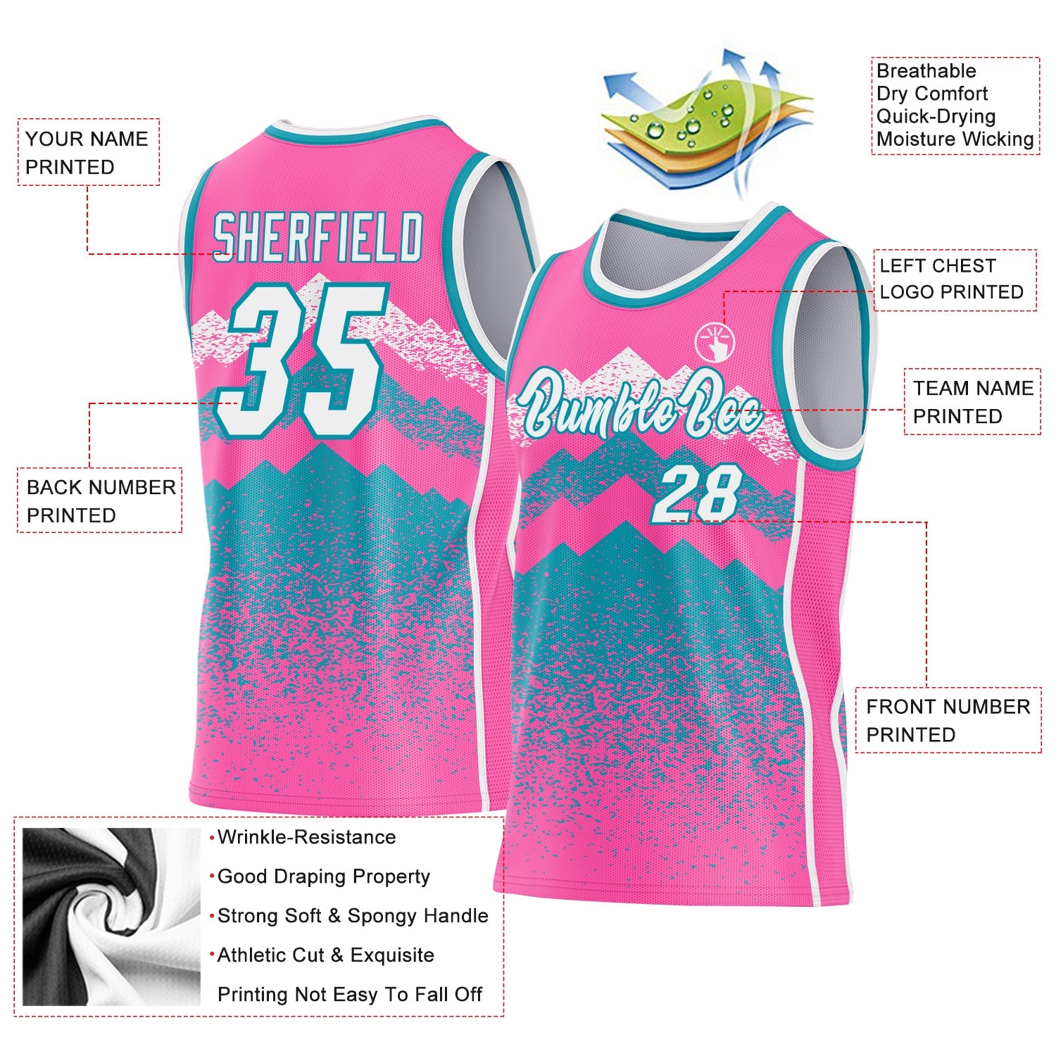 Custom Pink White-Teal Mountain Peak Shards Side Panel Stripe Round Neck Sublimation Basketball Set Jersey view 3
