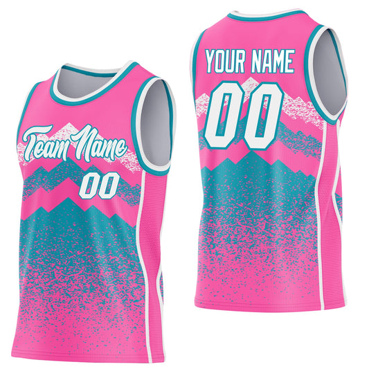 Custom Pink White-Teal Mountain Peak Shards Side Panel Stripe Round Neck Sublimation Basketball Set Jersey - Main View