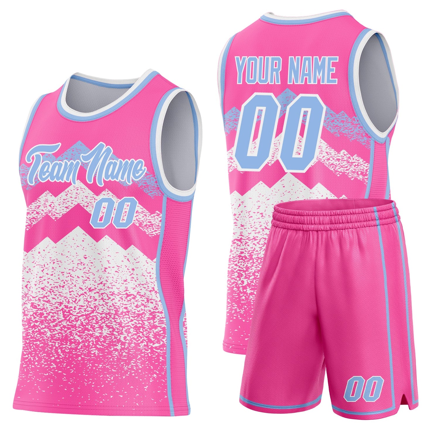 Custom Pink Light Blue-White Mountain Peak Shards Side Panel Stripe Round Neck Sublimation Basketball Set Jersey view 2