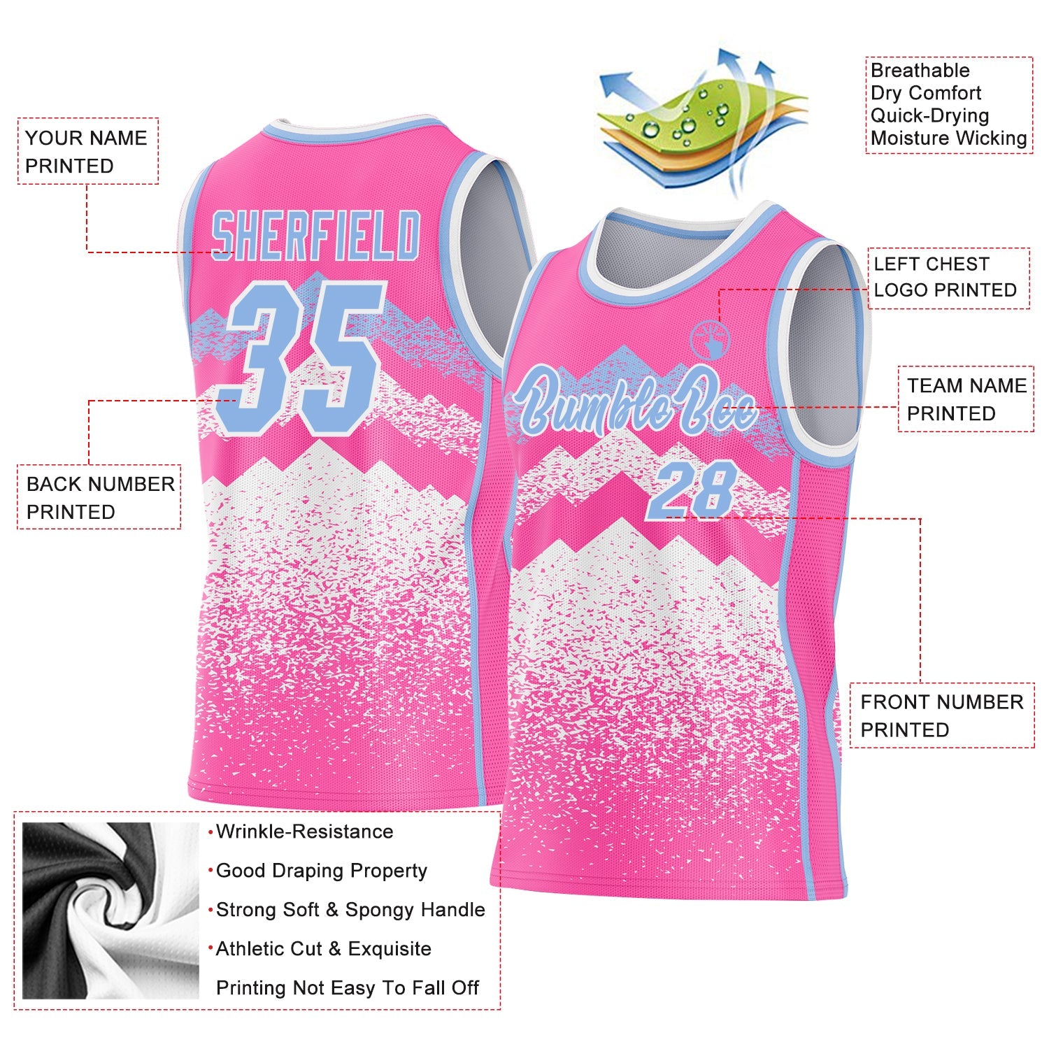 Custom Pink Light Blue-White Mountain Peak Shards Side Panel Stripe Round Neck Sublimation Basketball Set Jersey view 3