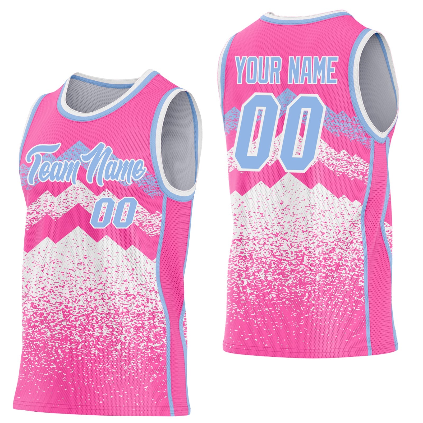 Custom Pink Light Blue-White Mountain Peak Shards Side Panel Stripe Round Neck Sublimation Basketball Set Jersey - Main View