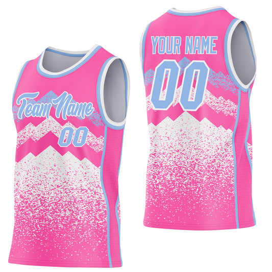 Custom Pink Light Blue-White Mountain Peak Shards Side Panel Stripe Round Neck Sublimation Basketball Set Jersey - Main View