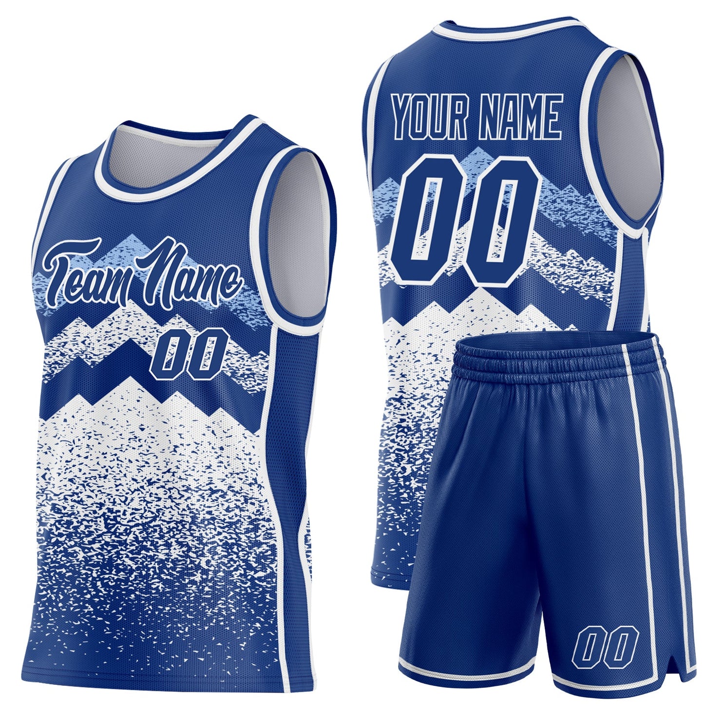 Custom Royal White-Light Blue Mountain Peak Shards Side Panel Stripe Round Neck Sublimation Basketball Set Jersey view 2