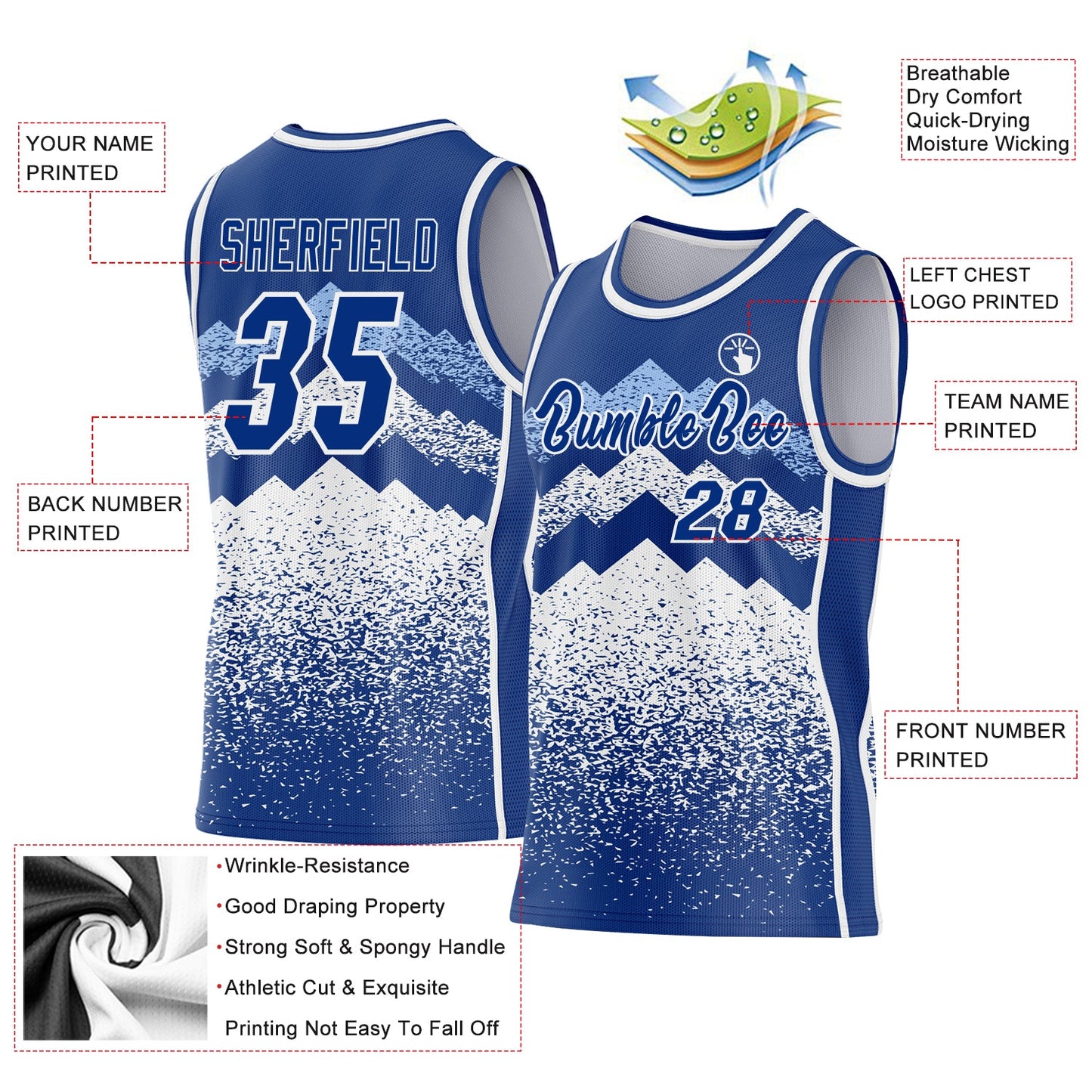 Custom Royal White-Light Blue Mountain Peak Shards Side Panel Stripe Round Neck Sublimation Basketball Set Jersey view 3
