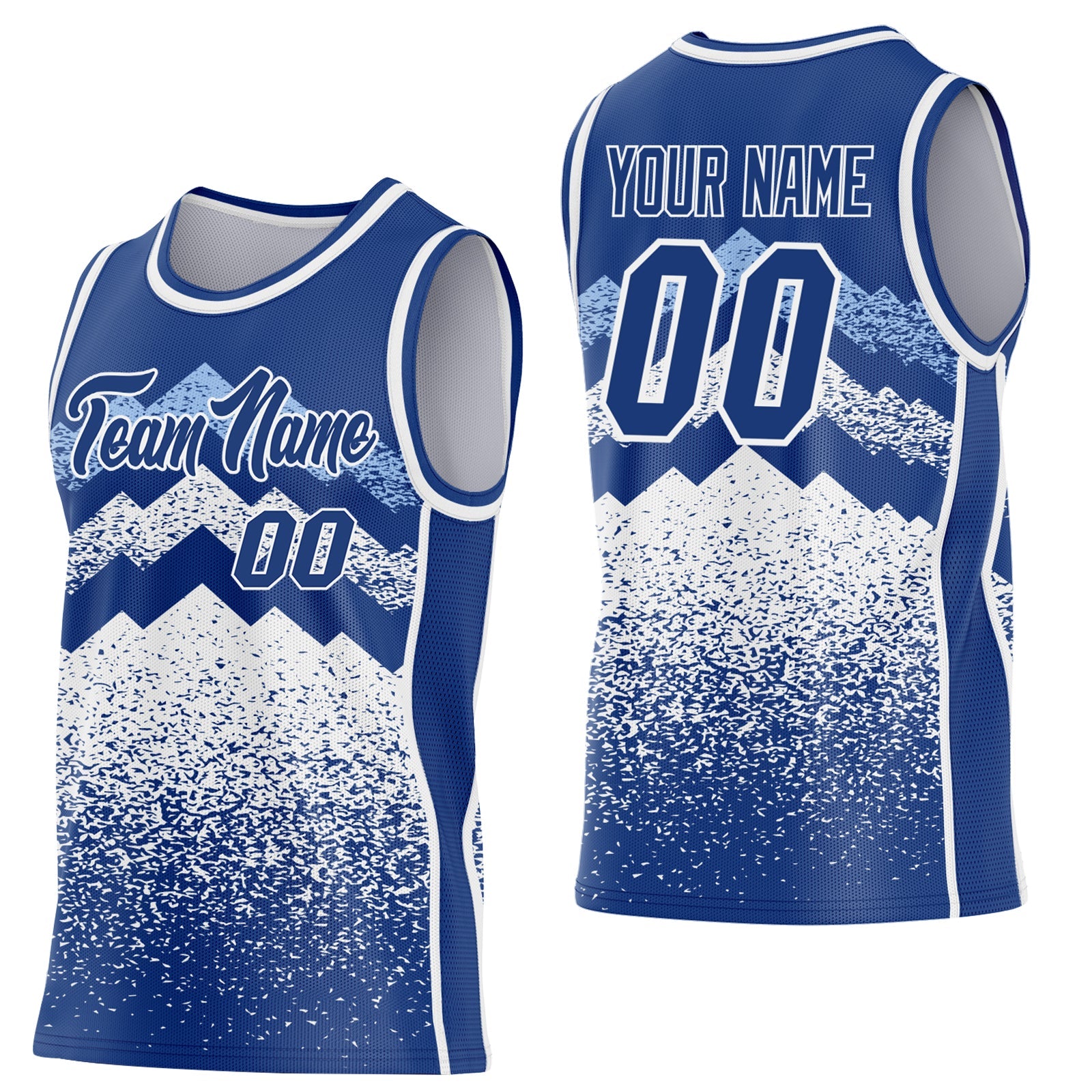 Custom Royal White-Light Blue Mountain Peak Shards Side Panel Stripe Round Neck Sublimation Basketball Set Jersey - Main View