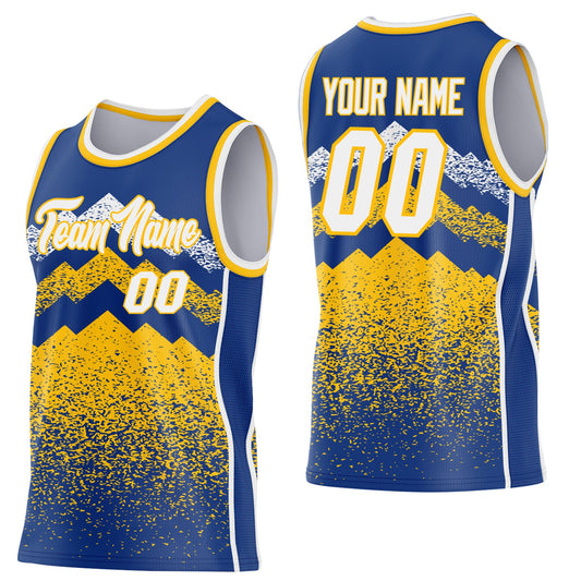 Custom Royal White-Gold Mountain Peak Shards Side Panel Stripe Round Neck Sublimation Basketball Set Jersey - Main View