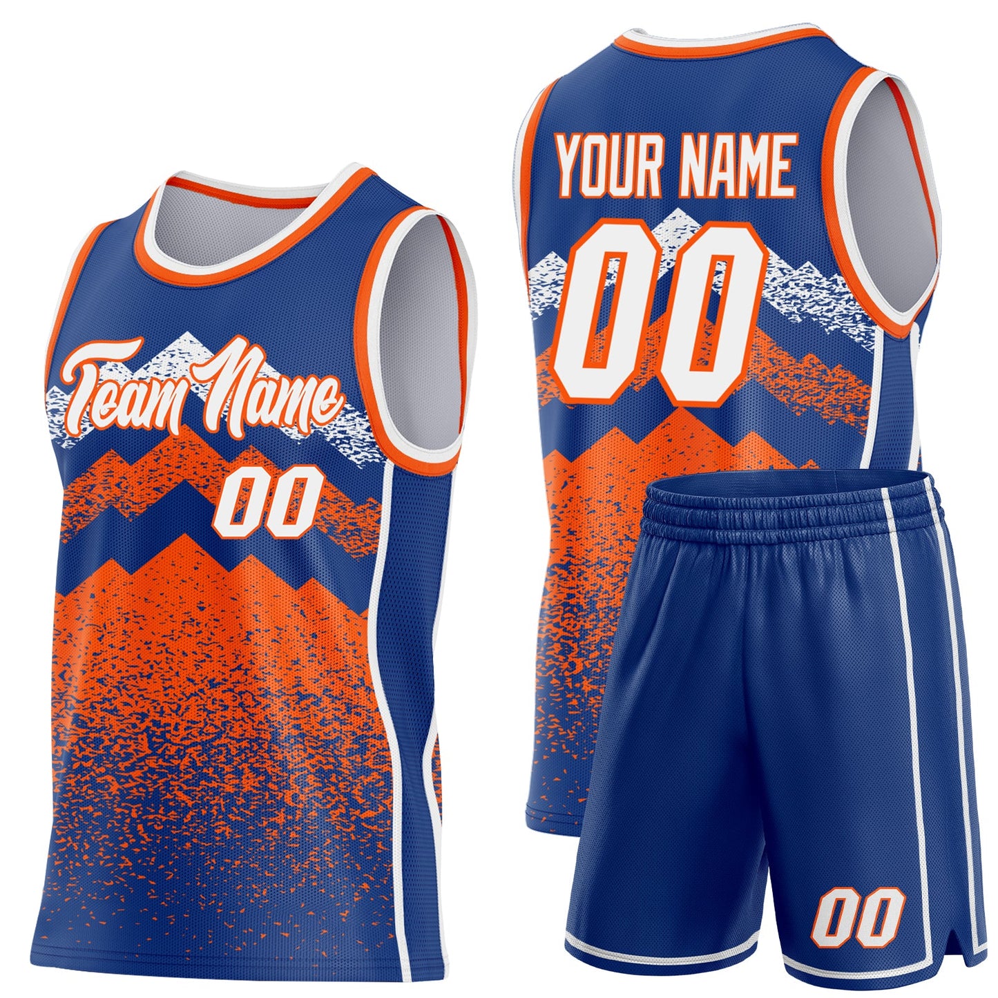 Custom Royal White-Orange Mountain Peak Shards Side Panel Stripe Round Neck Sublimation Basketball Set Jersey view 2