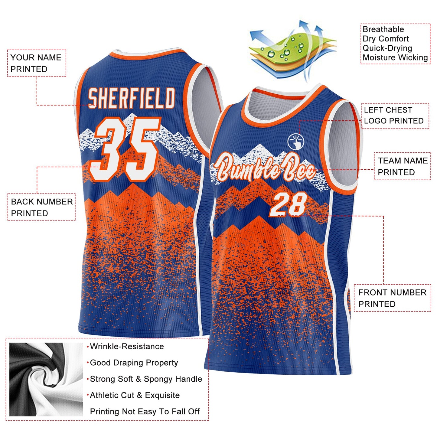 Custom Royal White-Orange Mountain Peak Shards Side Panel Stripe Round Neck Sublimation Basketball Set Jersey view 3