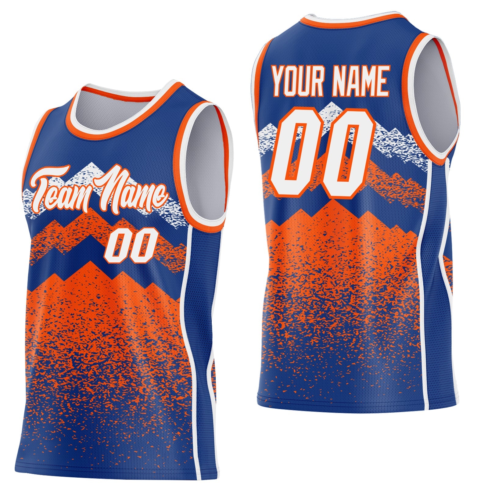 Custom Royal White-Orange Mountain Peak Shards Side Panel Stripe Round Neck Sublimation Basketball Set Jersey - Main View