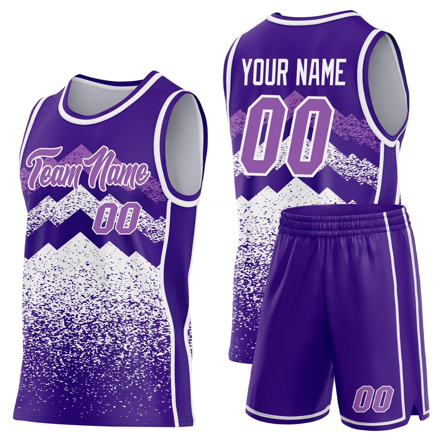 Custom Purple Medium Purple-White Mountain Peak Shards Side Panel Stripe Round Neck Sublimation Basketball Set Jersey view 2