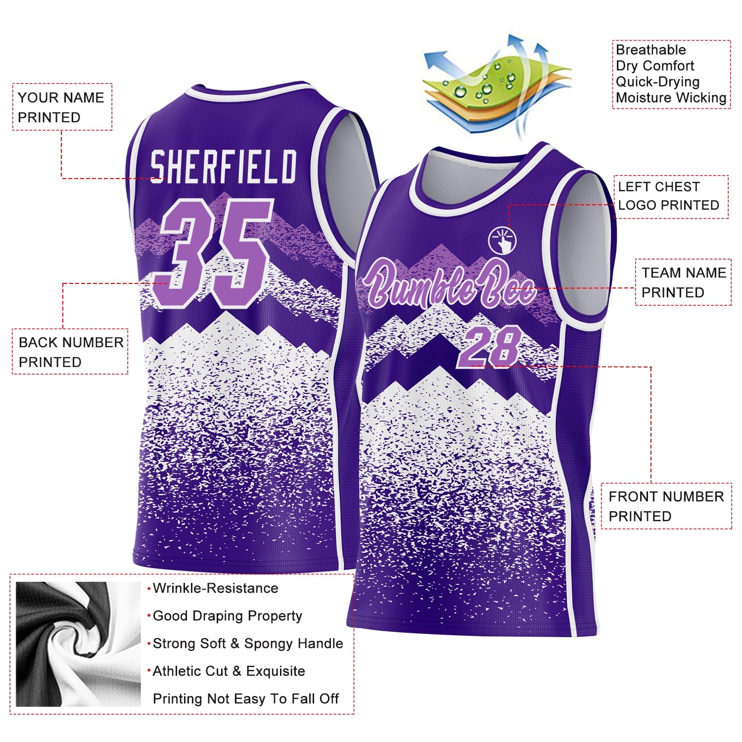 Custom Purple Medium Purple-White Mountain Peak Shards Side Panel Stripe Round Neck Sublimation Basketball Set Jersey view 3