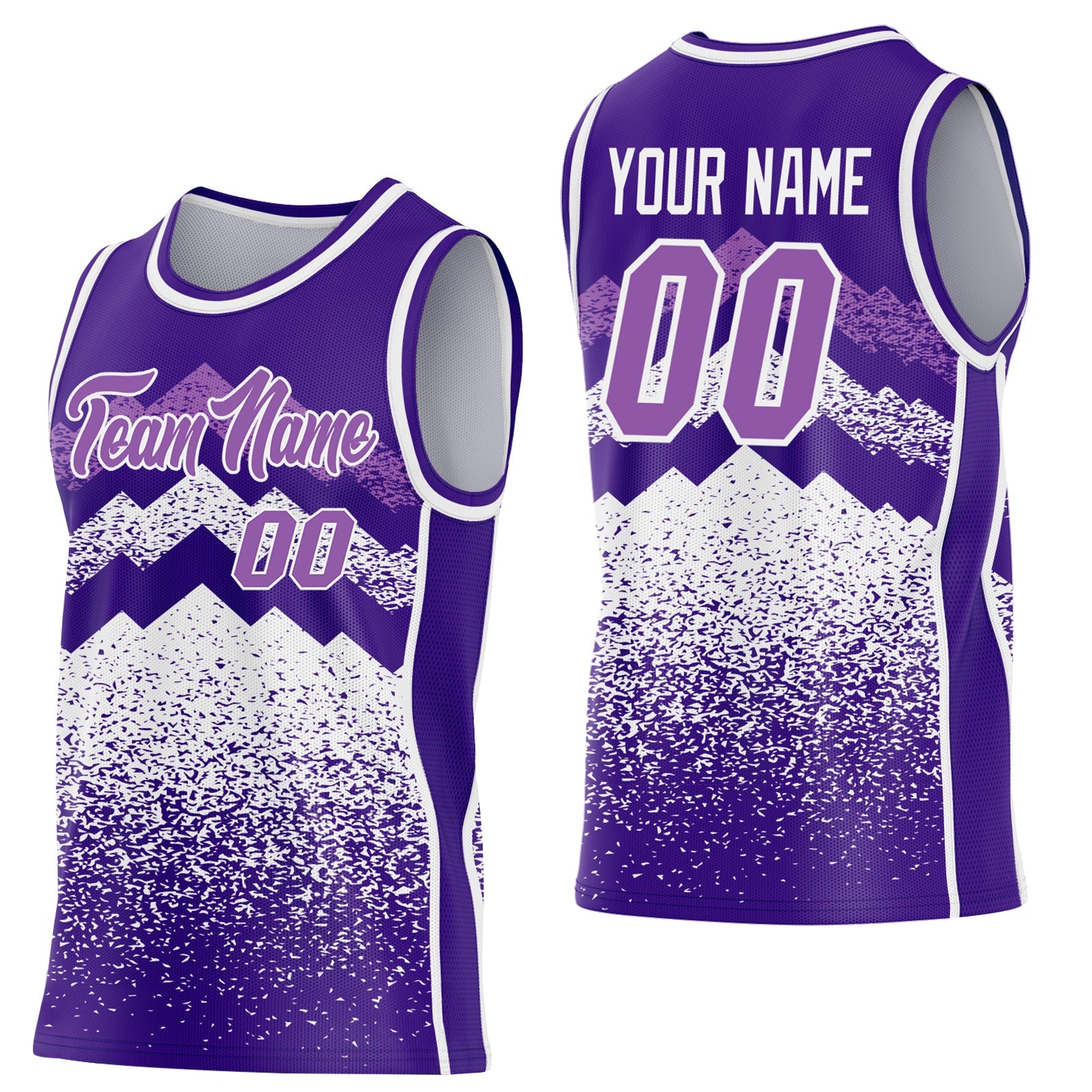 Custom Purple Medium Purple-White Mountain Peak Shards Side Panel Stripe Round Neck Sublimation Basketball Set Jersey - Main View