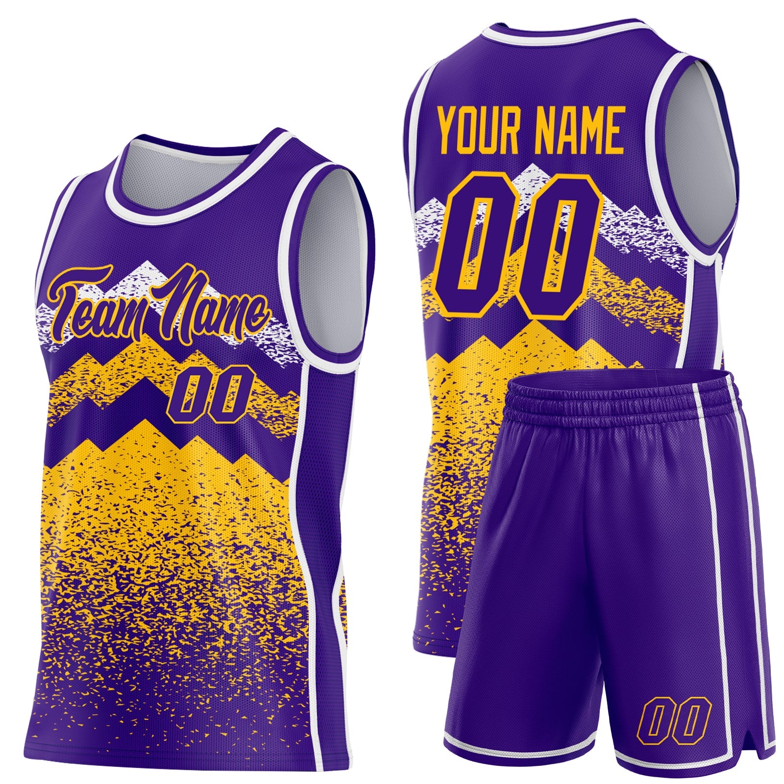 Custom Purple Gold-White Mountain Peak Shards Side Panel Stripe Round Neck Sublimation Basketball Set Jersey view 2