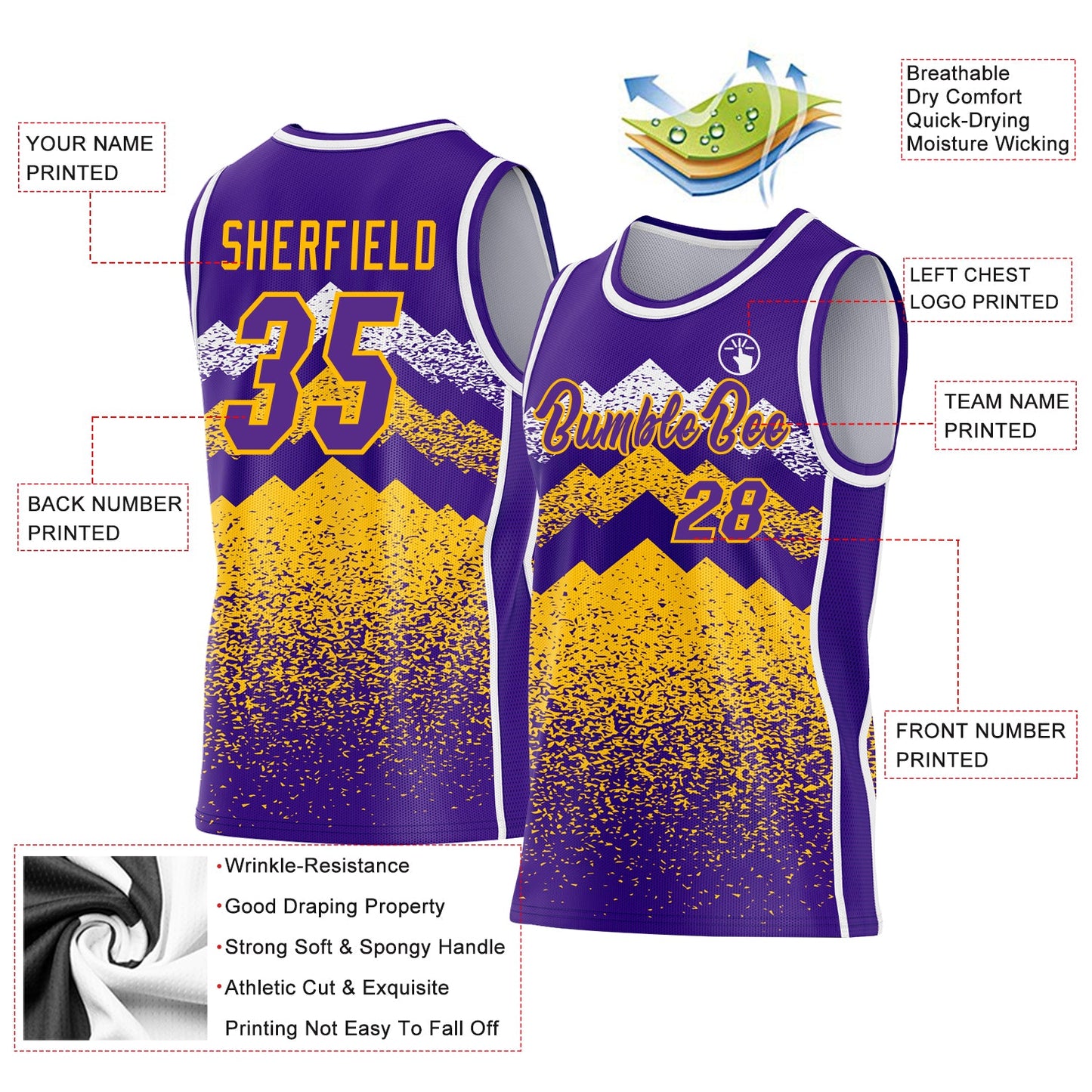 Custom Purple Gold-White Mountain Peak Shards Side Panel Stripe Round Neck Sublimation Basketball Set Jersey view 3