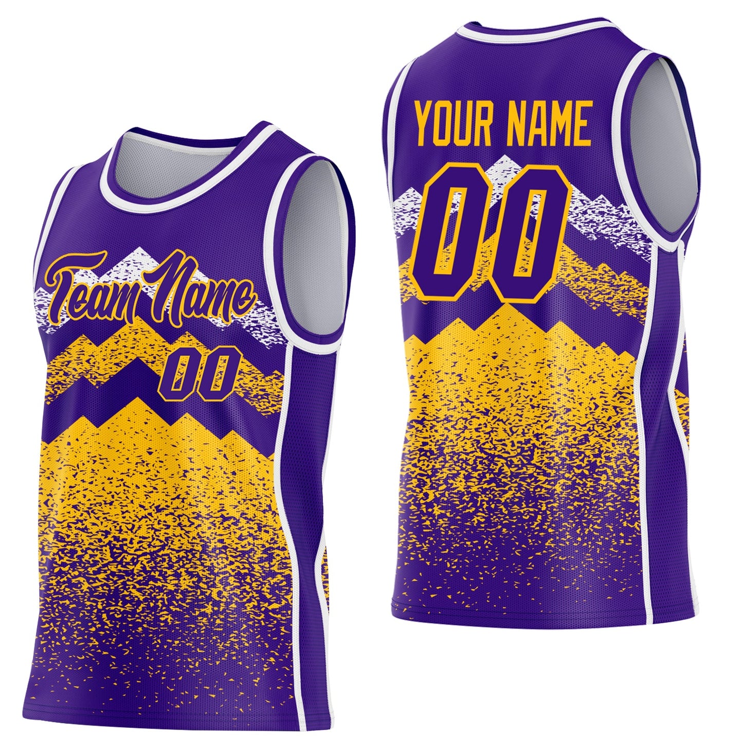 Custom Purple Gold-White Mountain Peak Shards Side Panel Stripe Round Neck Sublimation Basketball Set Jersey - Main View