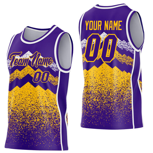 Custom Purple Gold-White Mountain Peak Shards Side Panel Stripe Round Neck Sublimation Basketball Set Jersey - Main View