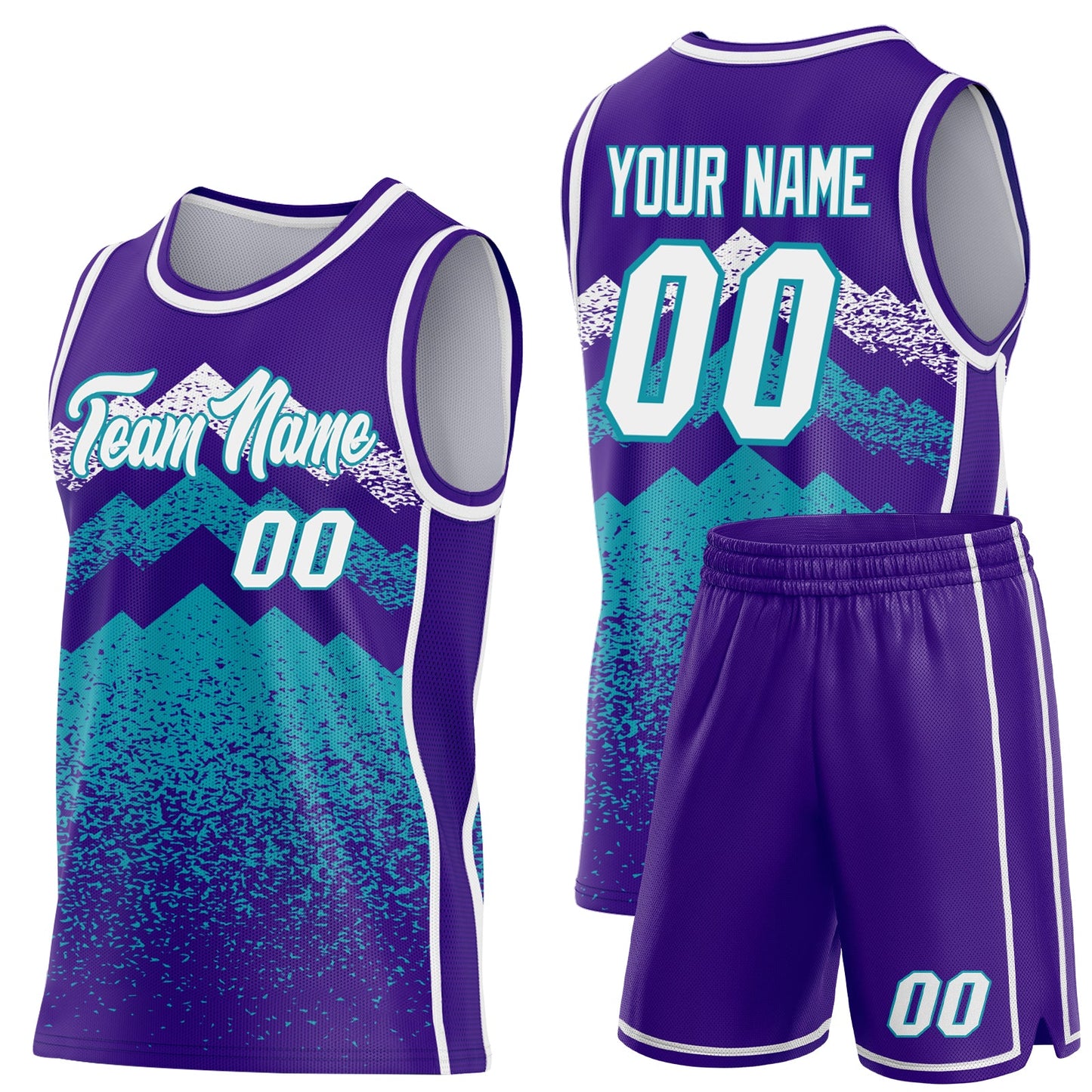 Custom Purple White-Teal Mountain Peak Shards Side Panel Stripe Round Neck Sublimation Basketball Set Jersey view 2