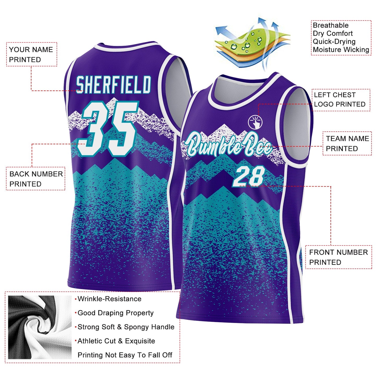 Custom Purple White-Teal Mountain Peak Shards Side Panel Stripe Round Neck Sublimation Basketball Set Jersey view 3