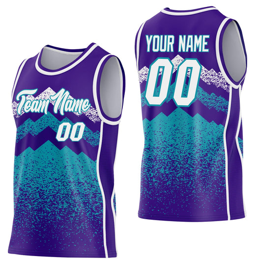 Custom Purple White-Teal Mountain Peak Shards Side Panel Stripe Round Neck Sublimation Basketball Set Jersey - Main View