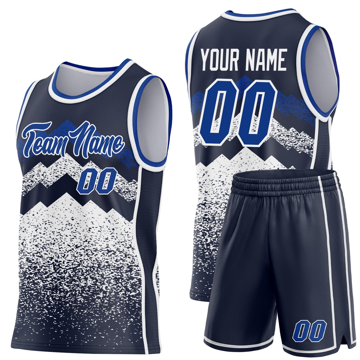 Custom Navy Royal-White Mountain Peak Shards Side Panel Stripe Round Neck Sublimation Basketball Set Jersey view 2