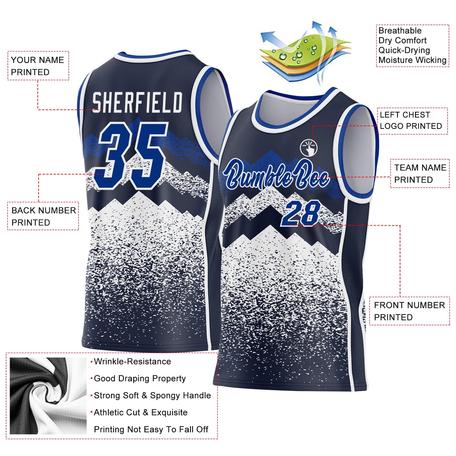Custom Navy Royal-White Mountain Peak Shards Side Panel Stripe Round Neck Sublimation Basketball Set Jersey view 3