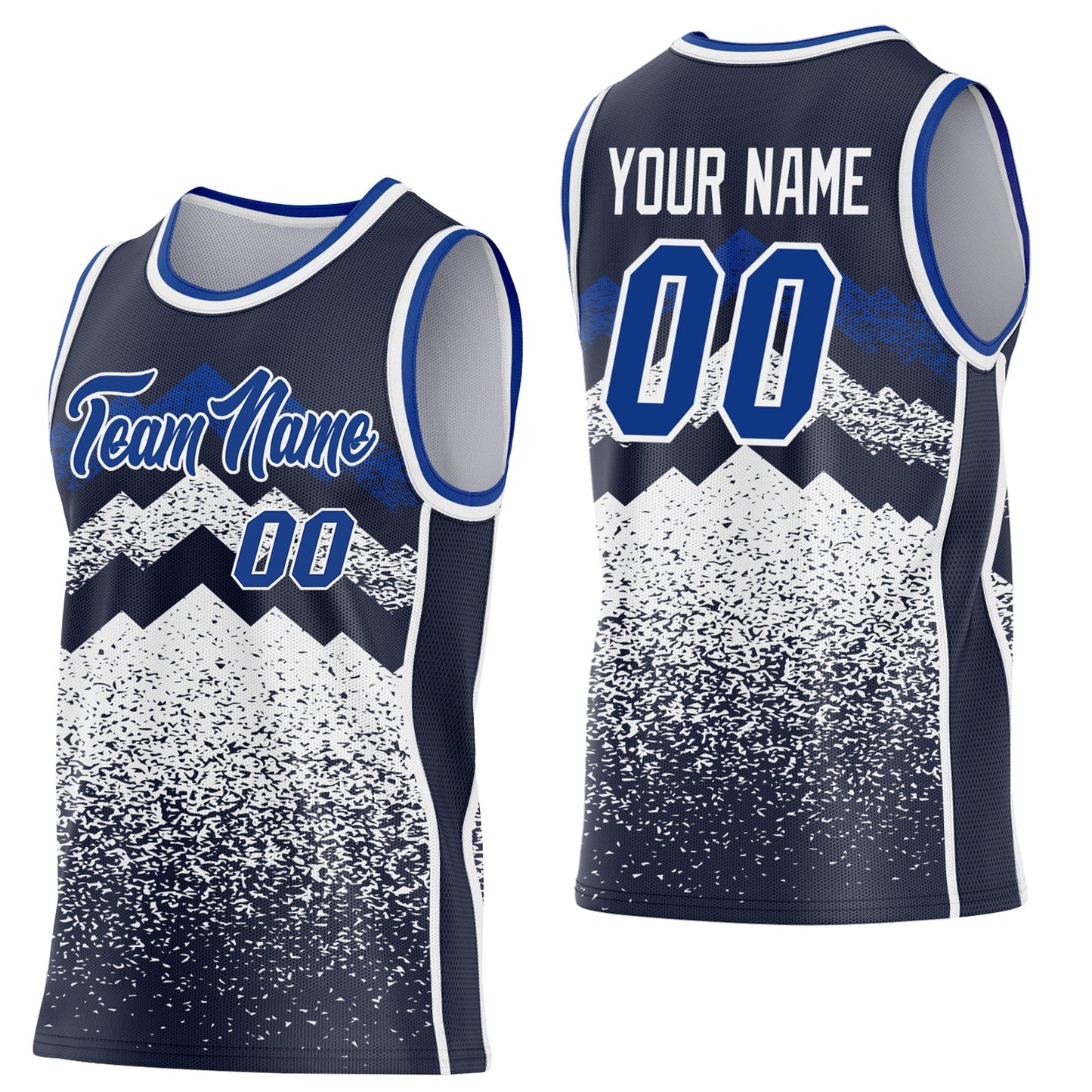 Custom Navy Royal-White Mountain Peak Shards Side Panel Stripe Round Neck Sublimation Basketball Set Jersey - Main View
