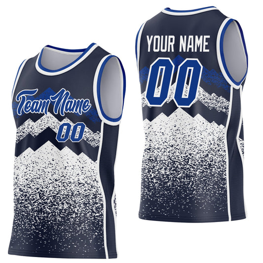 Custom Navy Royal-White Mountain Peak Shards Side Panel Stripe Round Neck Sublimation Basketball Set Jersey - Main View