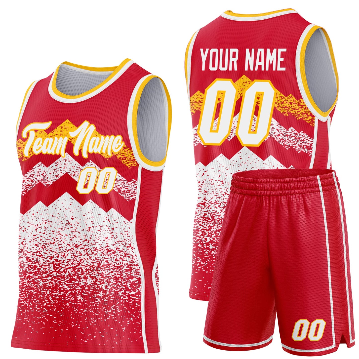 Custom Red White-Gold Mountain Peak Shards Side Panel Stripe Round Neck Sublimation Basketball Set Jersey view 2