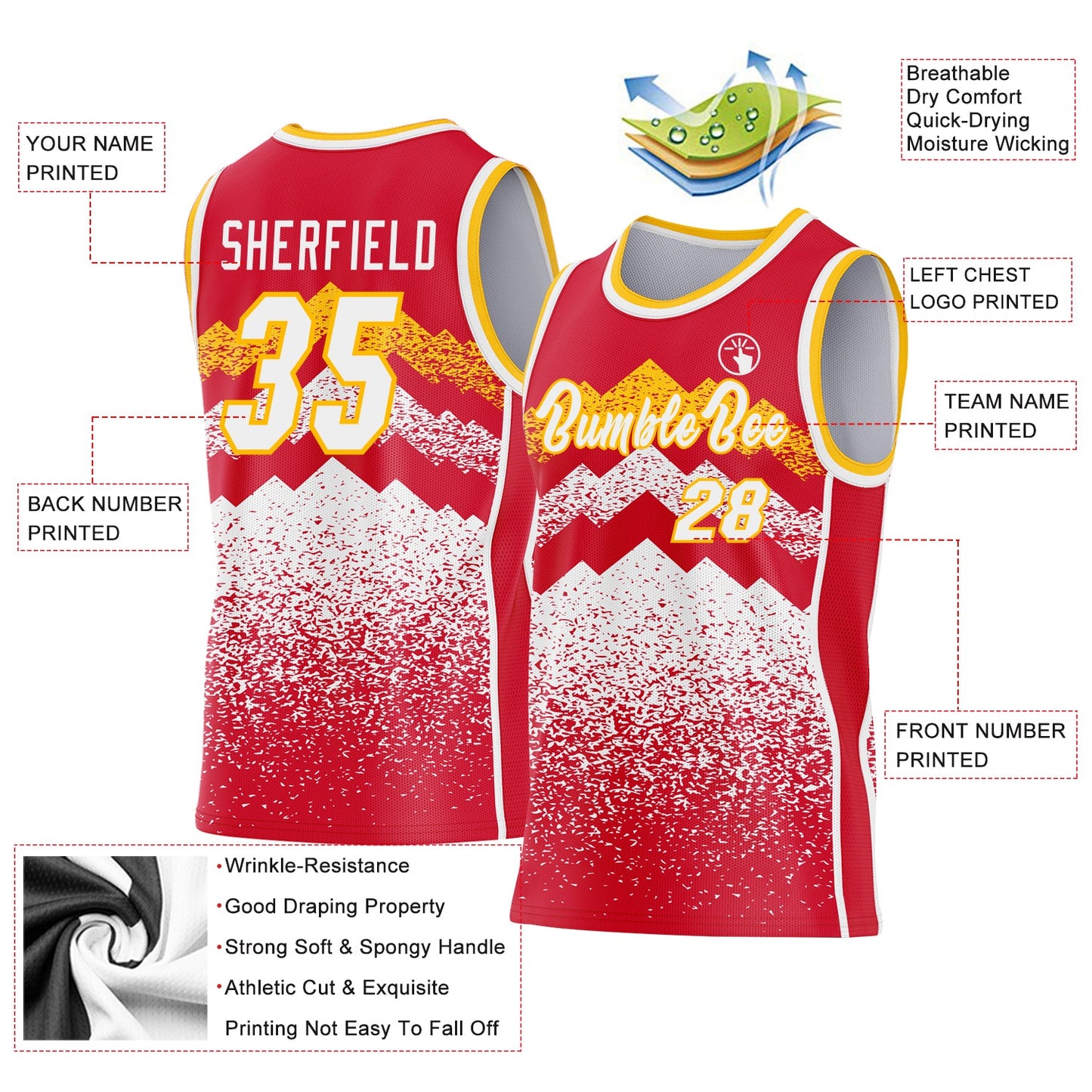 Custom Red White-Gold Mountain Peak Shards Side Panel Stripe Round Neck Sublimation Basketball Set Jersey view 3